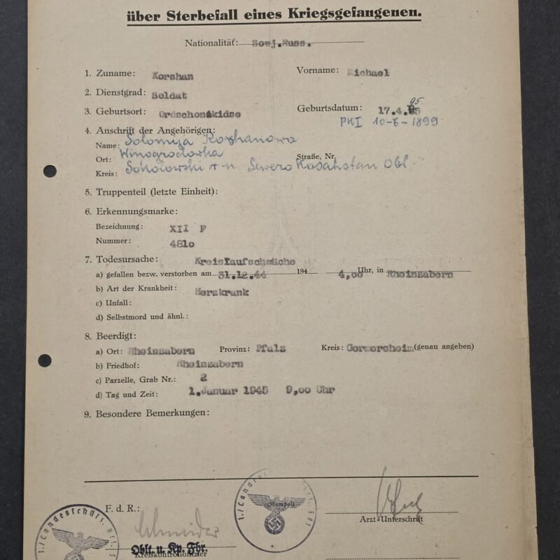 20260821_132430 RARE German Document WWII Russian Soviet POW Michael Korshan Death & Burial Record – Dec. 31 1944