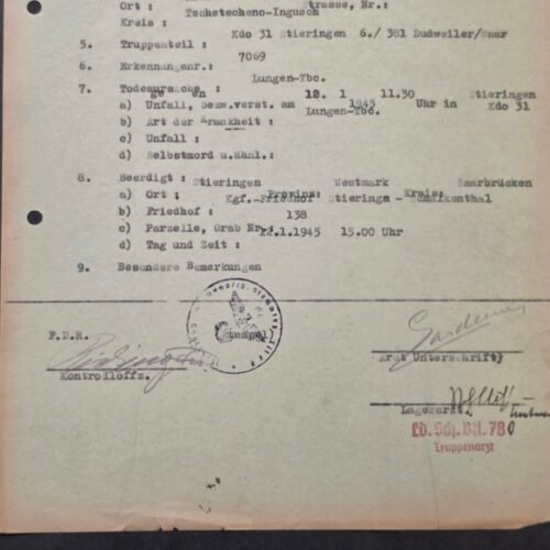 RARE! WWII German Document POW Death Record – Dakaew Dshalak – Chechen-Ingush Soldier 1945