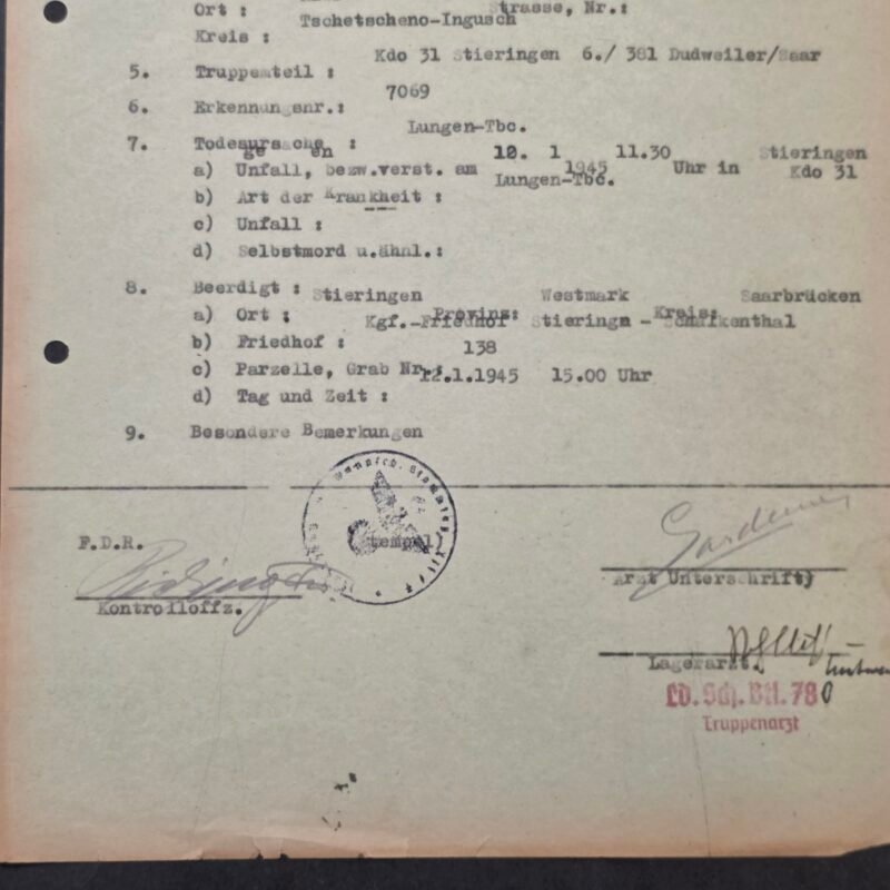 20260821_132700 RARE! WWII German Document POW Death Record – Dakaew Dshalak – Chechen-Ingush Soldier 1945