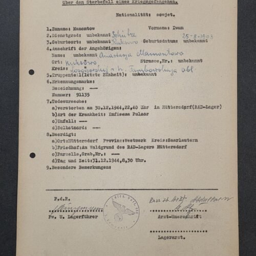 RARE WWII German Document Soviet Russian POW Death & Burial Record – Iwan Manontow – RAD Camp 1944
