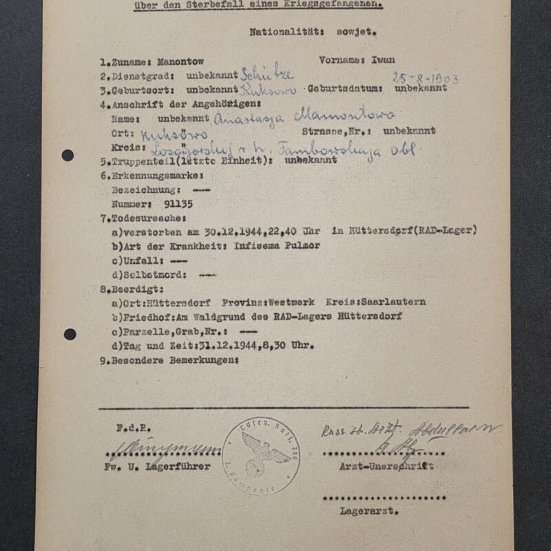 20260821_132754 RARE WWII German Document Soviet Russian POW Death & Burial Record – Iwan Manontow – RAD Camp 1944