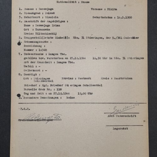 20260821_132910 RARE WWII German Document Soviet Russian POW Death & Burial Record – Nikita Derewjaga – 1944