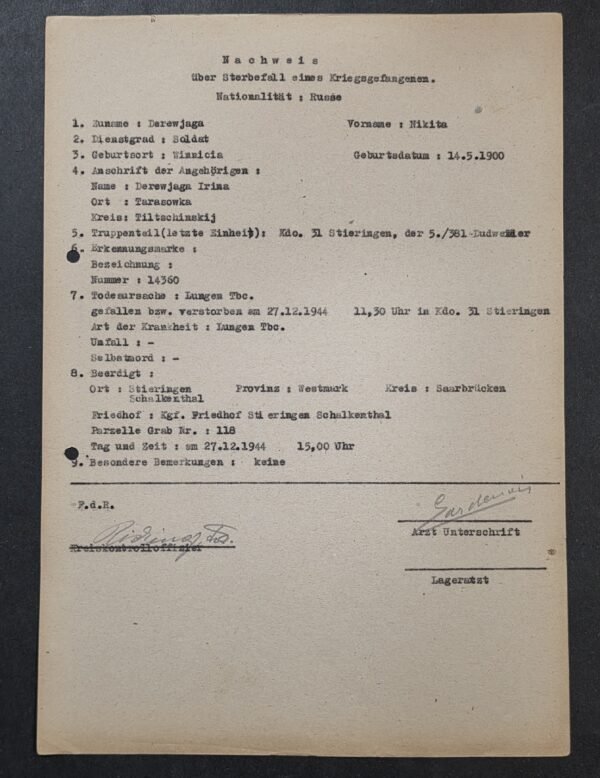 20260821_132910 RARE WWII German Document Soviet Russian POW Death & Burial Record – Nikita Derewjaga – 1944