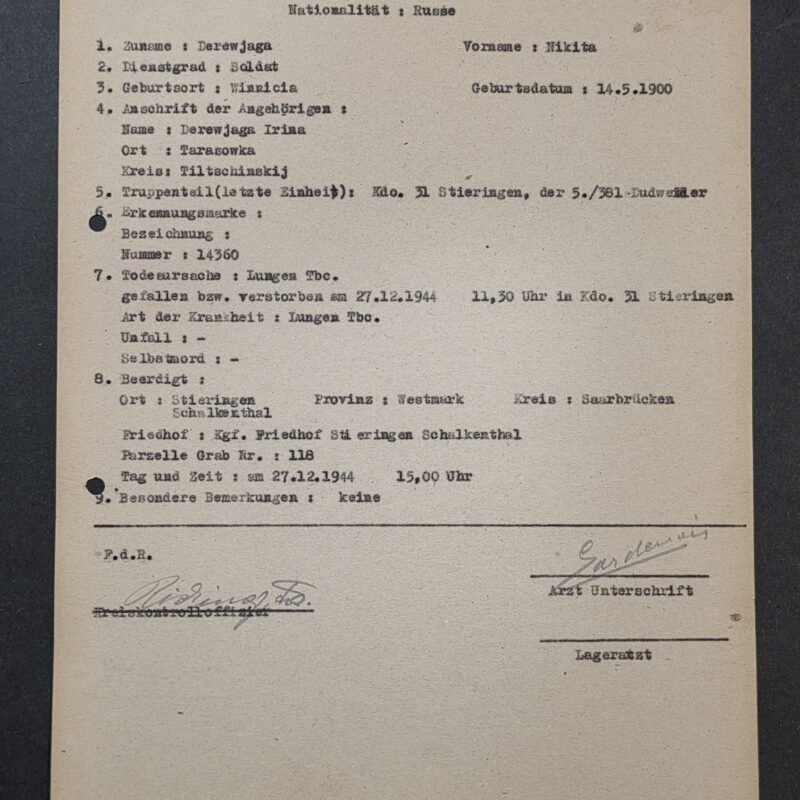 20260821_132910 RARE WWII German Document Soviet Russian POW Death & Burial Record – Nikita Derewjaga – 1944