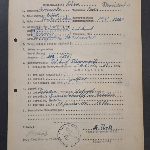 20260821_133024 RARE 1945 WWII German Document Soviet Russian POW Soldier Killed in Air Raid! Death Record – Iwan Demerenko
