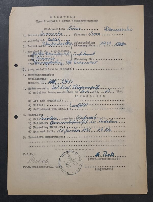 20260821_133024 RARE 1945 WWII German Document Soviet Russian POW Soldier Killed in Air Raid! Death Record – Iwan Demerenko
