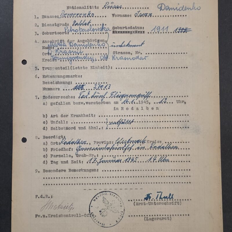 20260821_133024 RARE 1945 WWII German Document Soviet Russian POW Soldier Killed in Air Raid! Death Record – Iwan Demerenko