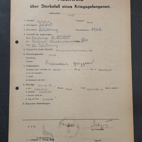 RARE 1945 WWII German Document Young 22 y/o Russian Soviet POW Death Record Iwan Parfenow