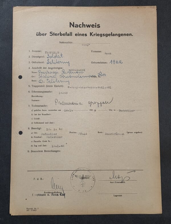 RARE 1945 WWII German Document Young 22 y/o Russian Soviet POW Death Record Iwan Parfenow