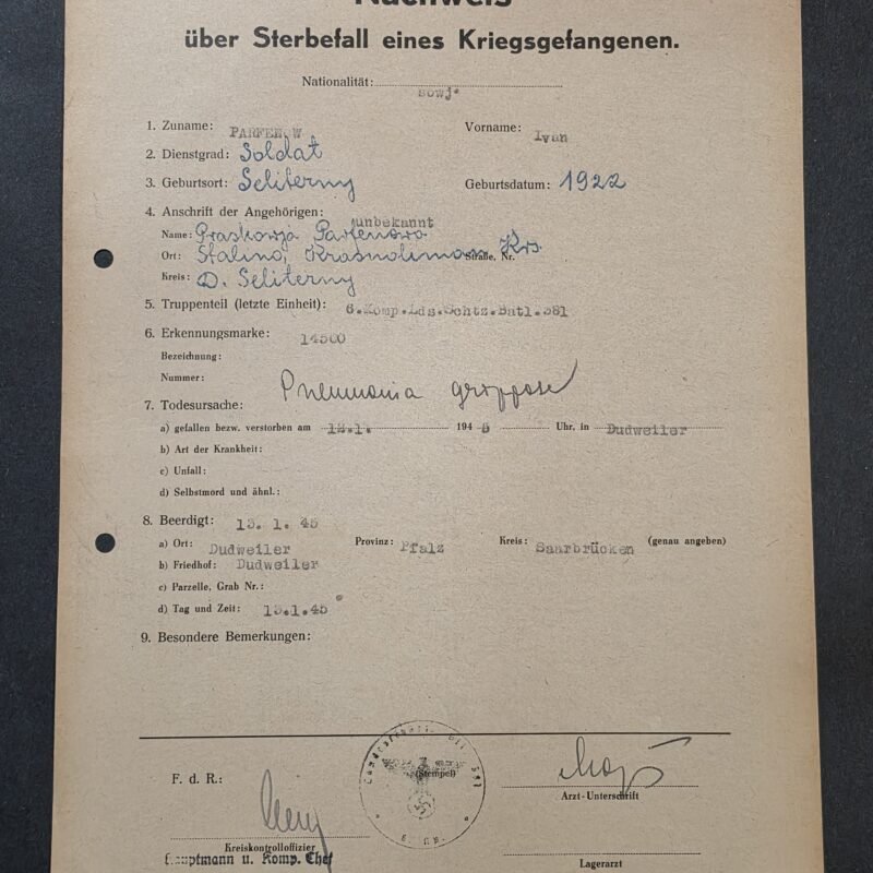 20260821_133125 RARE 1945 WWII German Document Young 22 y/o Russian Soviet POW Death Record Iwan Parfenow
