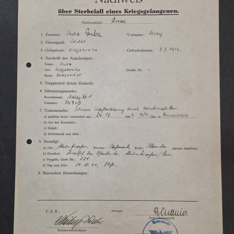 20260821_133453 Rare WWII German Russian Soviet POW Death Certificate Document Waffen-SS Kommandeur Stamp & Signature 1944