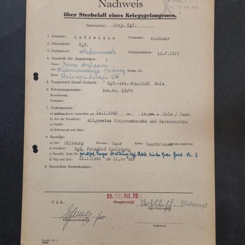 20260821_133615 WORKED TO DEATH! RARE 1945 WWII German Document Russian Soviet POW Brutal Death Record Wladimir Sstrelzow Arbeitskommando 2032 Holz