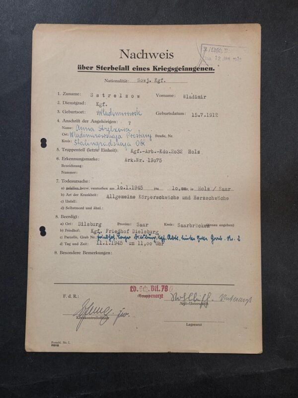 20260821_133615 WORKED TO DEATH! RARE 1945 WWII German Document Russian Soviet POW Brutal Death Record Wladimir Sstrelzow Arbeitskommando 2032 Holz