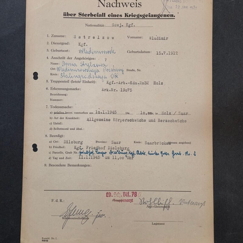 20260821_133615 WORKED TO DEATH! RARE 1945 WWII German Document Russian Soviet POW Brutal Death Record Wladimir Sstrelzow Arbeitskommando 2032 Holz