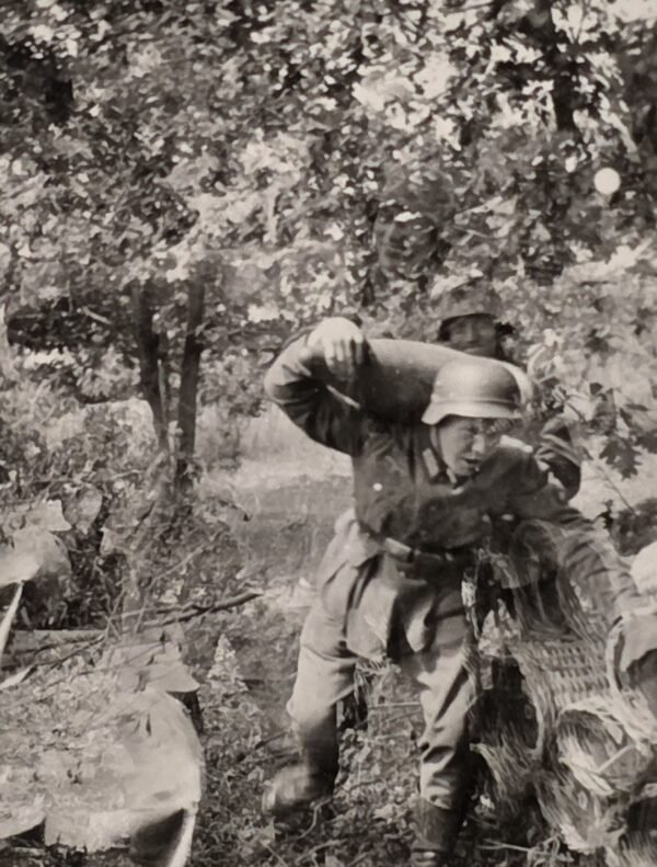 COMBAT FIELD SHOT Wehrmacht soldier carries Mortar Shell Military WW2 German War Photo