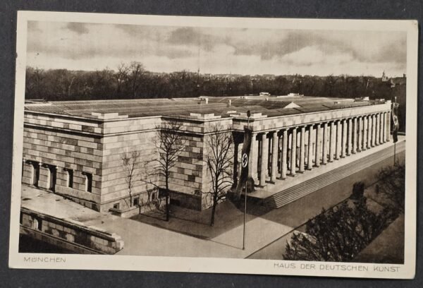 WWII Nazi German Third reich Munich Haus der Deutschen Kunst Postcard Art Museum Swastika Flags