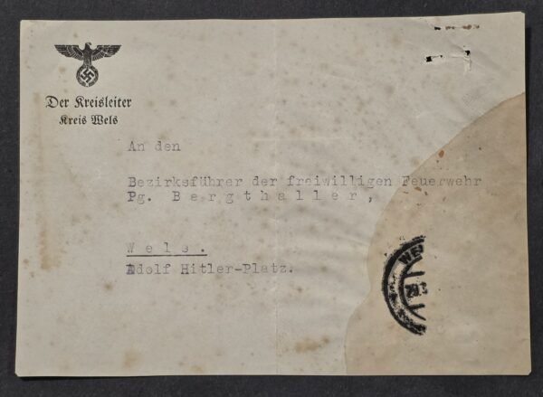 20260822_152421 HEIL HITLER! WW2 German NSDAP Kreisleiter Wels 1943 Letter Fire Brigade Adolf Hitler Platz Austria w Swastika Eagle