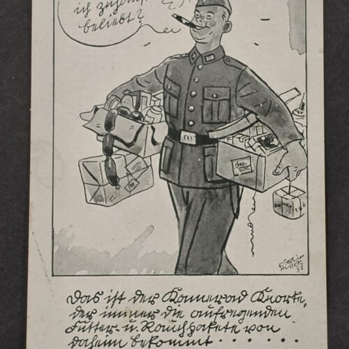 1937 WW2 German Soldier Humor Postcard Care Package Parcels Hitler Stamp