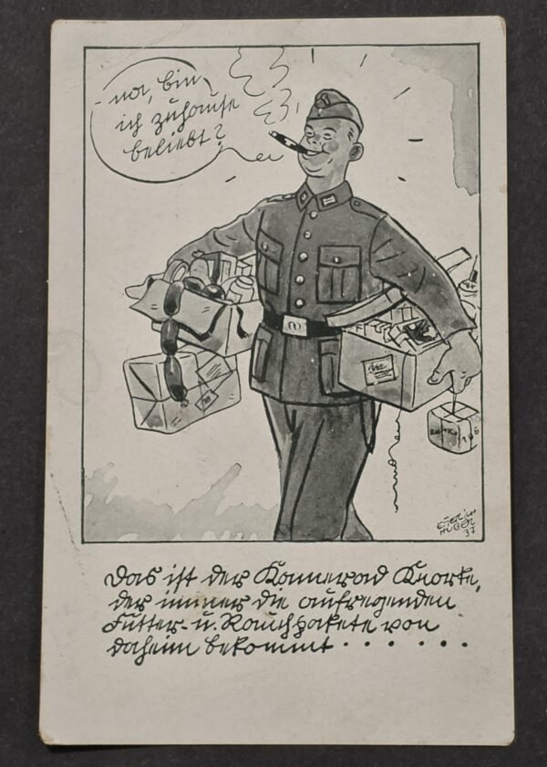 1937 WW2 German Soldier Humor Postcard Care Package Parcels Hitler Stamp