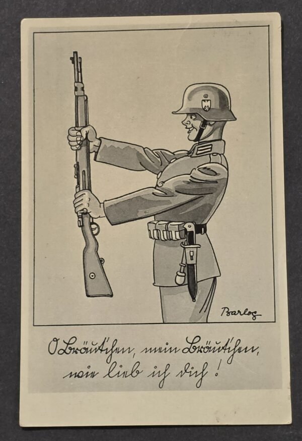 20260822_152933 WWII German Wehrmacht Army Soldier Comic Postcard Rifle Bayonet Steel Helmet