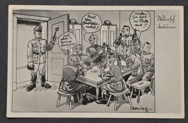 20260822_152954 WWII German Feldpost Wehrmacht Soldier Humor Postcard 1941 Barracks Beer Barlog