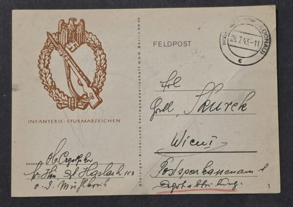 20260822_153240 WWII Nazi German Third Reich Feldpost Infantry Assault Badge Card 1943 IAB Romania
