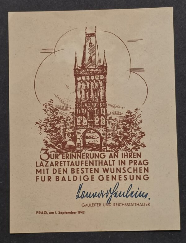 RARE SS Czech WWII German 1942 Prague Hospital Card Kurt Daluege Facsimile Signature
