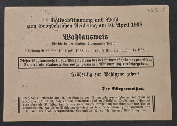 20260822_153714 RARE NSDAP Third Reich Nazi German National Socialist Antisemitic Voting ID Card Postcard