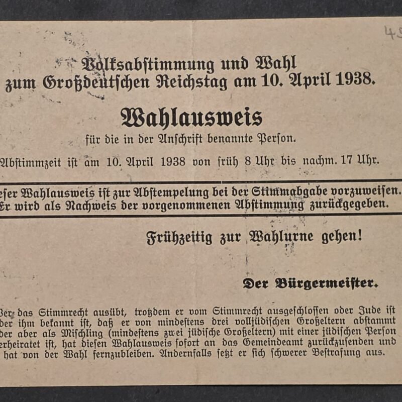 20260822_153714 RARE NSDAP Third Reich Nazi German National Socialist Antisemitic Voting ID Card Postcard