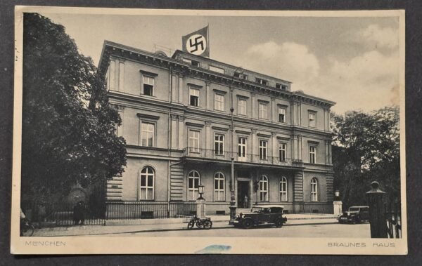 1933 Nazi German Third Reich München Braunes Haus Brown House Photo NSDAP Headquarters Postcard w Swastika Flag