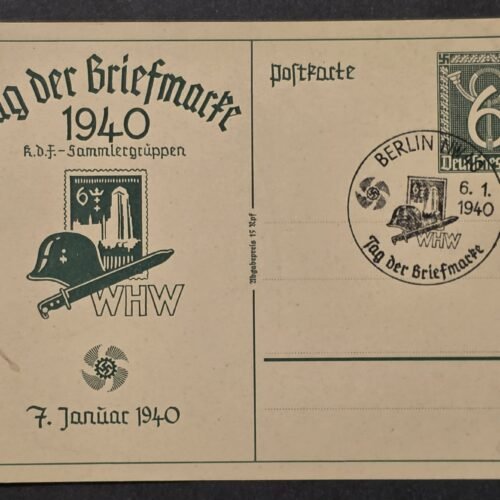 WW2 Nazi German 1940 Tag der Briefmarke KdF WHW Stamp Day Postcard Steel Helmet Bayonet
