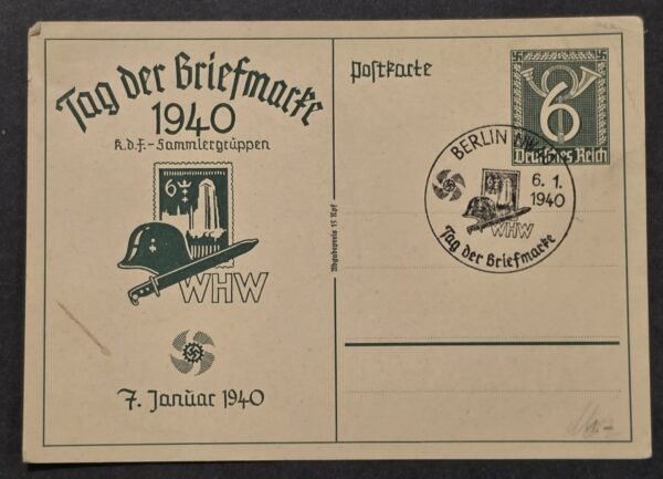 WW2 Nazi German 1940 Tag der Briefmarke KdF WHW Stamp Day Postcard Steel Helmet Bayonet