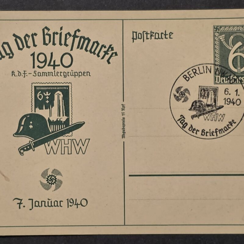 20260822_155258 WW2 Nazi German 1940 Tag der Briefmarke KdF WHW Stamp Day Postcard Steel Helmet Bayonet
