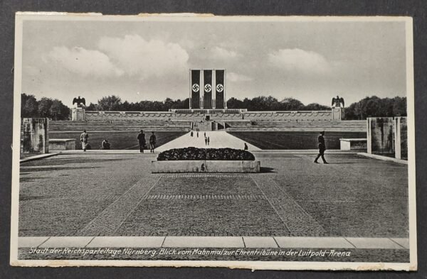1938 Third Reich Nazi Germany Nuremberg Reichsparteitag Luitpold Arena Postcard w Swastika Flags Banners HEIL HITLER!