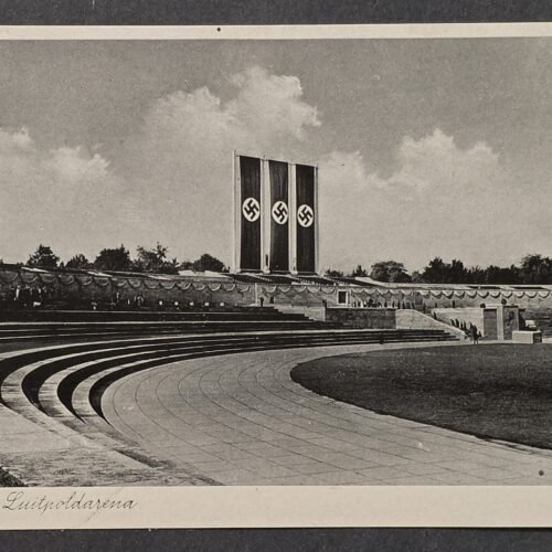 Nazi German Third Reich Nürnberg Luitpoldarena Reichsparteitag Rally Grounds Photo Postcard w Swastika Flags Banners