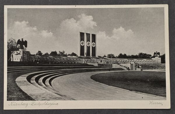 Nazi German Third Reich Nürnberg Luitpoldarena Reichsparteitag Rally Grounds Photo Postcard w Swastika Flags Banners