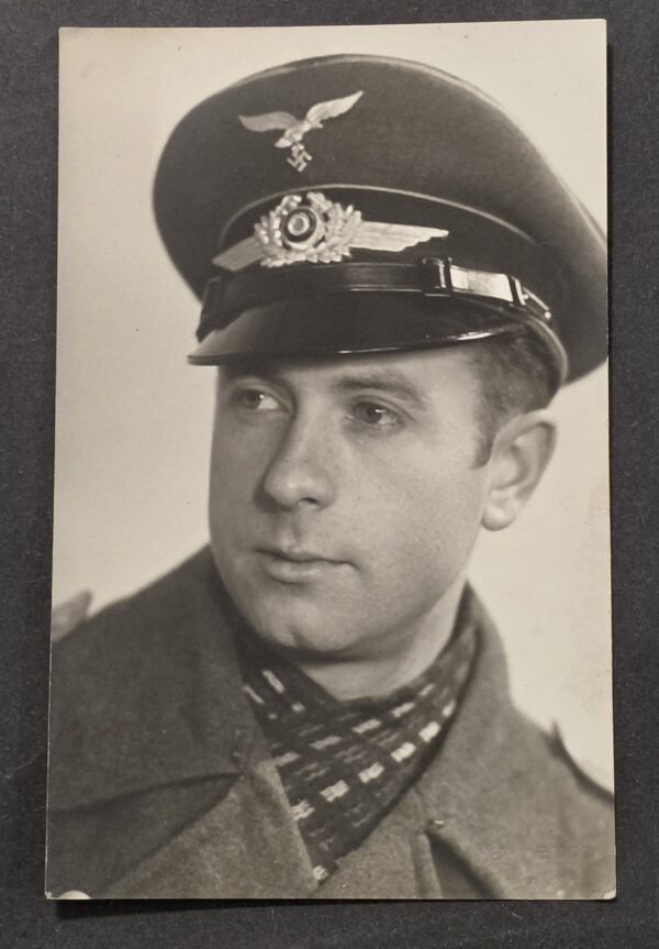 20260822_155951 WWII Nazi German Luftwaffe Soldier Portrait Photo Postcard CRISP Visor Cap 1944 Dated