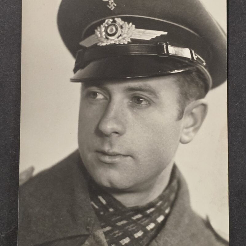 20260822_155951 WWII Nazi German Luftwaffe Soldier Portrait Photo Postcard CRISP Visor Cap 1944 Dated