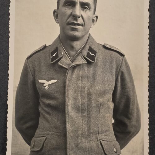 WW2 Nazi German Luftwaffe Soldier w Long Coat Tunic Uniform RPPC Photo Postcard