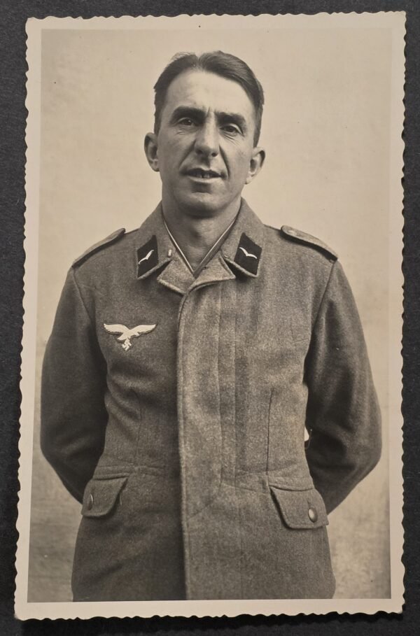 WW2 Nazi German Luftwaffe Soldier w Long Coat Tunic Uniform RPPC Photo Postcard