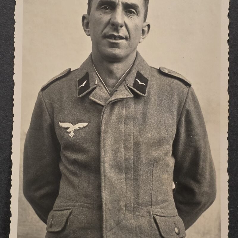 20260826_171344 WW2 Nazi German Luftwaffe Soldier w Long Coat Tunic Uniform RPPC Photo Postcard