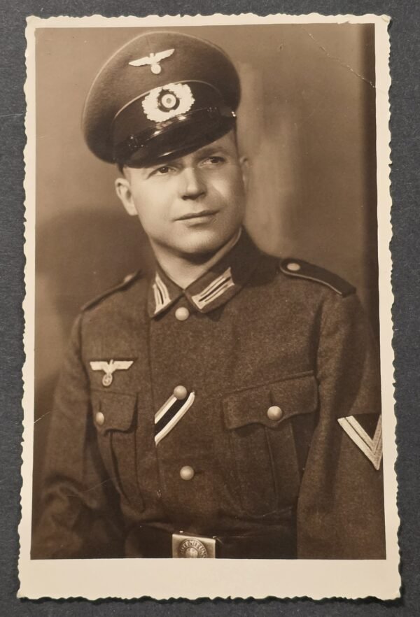 WW2 Nazi German Wehrmacht Third Reich Studio Portrait in Uniform Visor Cap RPPC Photo Postcard