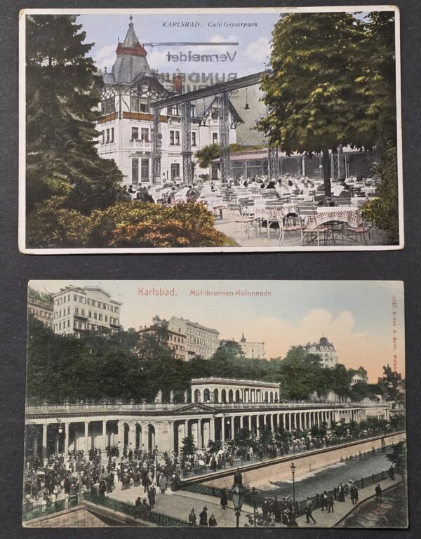 2 Karlovy Vary Karlsbad Postcards WWII 1942 Feldpost Hospital Mail Swastika Eagle Cachet