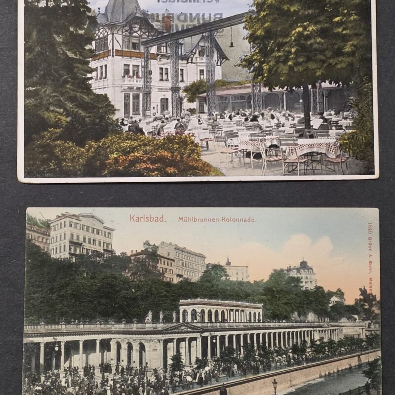20260826_171607 2 Karlovy Vary Karlsbad Postcards WWII 1942 Feldpost Hospital Mail Swastika Eagle Cachet