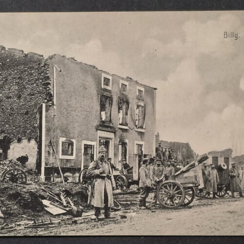 20260826_171839 WWI Imperial German Feldpost Postcard Billig France Ruins Soldier Artillery 1915