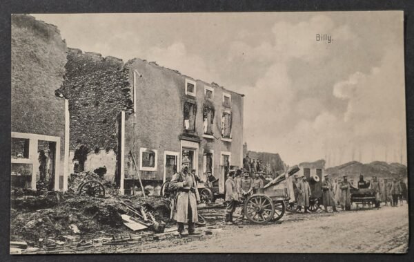 20260826_171839 WWI Imperial German Feldpost Postcard Billig France Ruins Soldier Artillery 1915