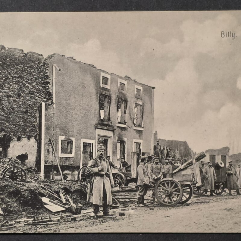 20260826_171839 WWI Imperial German Feldpost Postcard Billig France Ruins Soldier Artillery 1915