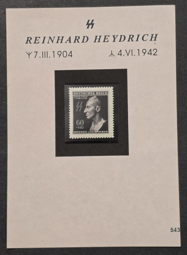 Nazi German SS Heydrich Death mask stamp MNH w Souvenir Card