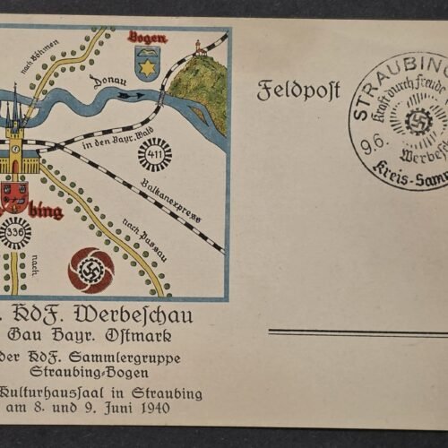 WW2 Nazi German Third Reich 1940 Straubing-Bogen KdF Stamp Collectors Exhibition Feldpost Postcard