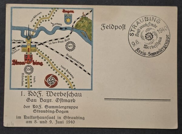 WW2 Nazi German Third Reich 1940 Straubing-Bogen KdF Stamp Collectors Exhibition Feldpost Postcard